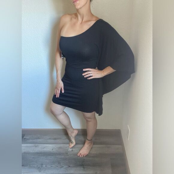 Express One Shoulder Dress Bodycon Dolman Sleeve Black Medium Classic - Picture 3 of 11
